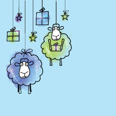 Creative Illustration of Sheeps, Gifts and Stars hanging on Sky Blue Background.