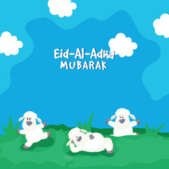 Eid-Al-Adha Mubarak Concept with Cartoon Sheep on Nature Abstract Background.