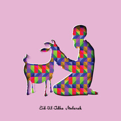 Vector illustration of Islamic Man with Goat in colorful origami style for Muslim Community, Festival of Sacrifice, Eid-Al-Adha Mubarak.