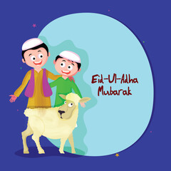 Happy Islamic Kids in Traditional Dress with Sheep for Muslim Community, Festival of Sacrifice, Eid-Al-Adha Mubarak, Vector greeting card design.