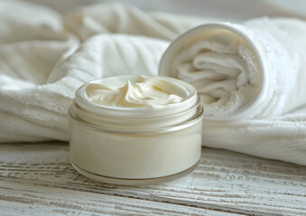 Fototapeta na wymiar AI generated illustration of white luxurious facial cream in a glass jar mockup