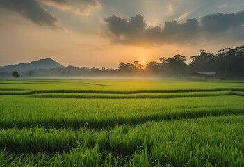 AI generated illustration of rice field at sunset in Thailand