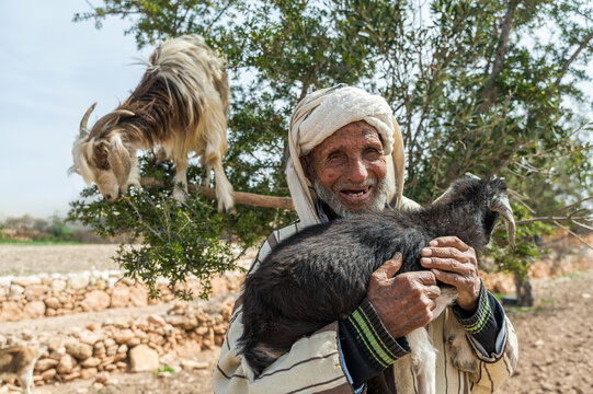 Elderly Moroccan man with goats in rural setting
