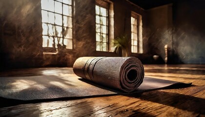 roll yoga mat in a calm and quiet yoga studio with natural light
