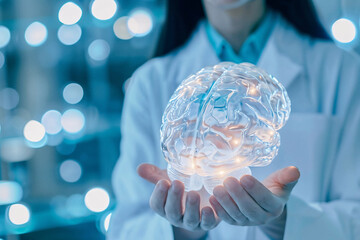 Doctor in a lab coat holding a glowing, transparent model of a brain