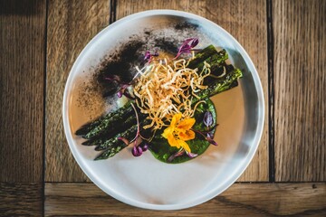 Top view of a beautifully served asparagus dish