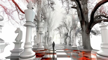 Fototapeta premium Solitary figure contemplates a game on a giant chessboard, merging strategy with the natural world