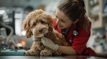 Veterinary nurse in a red uniform caring for a cockapoo dog at the vet's office.