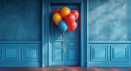 Colorful Balloons Floating Through Blue Doorway Generative AI