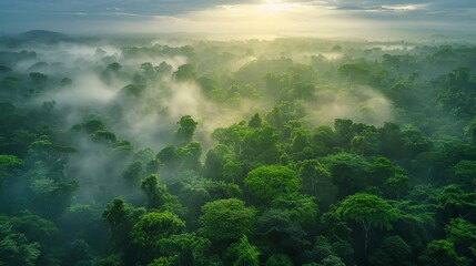 Aerial view of a dense tropical rainforest with mist at sunrise.