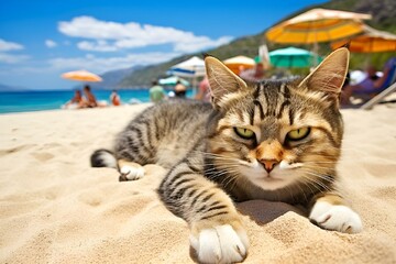 Obraz premium AI generated illustration of a cat relaxing on sandy beach under the sun's warm glow