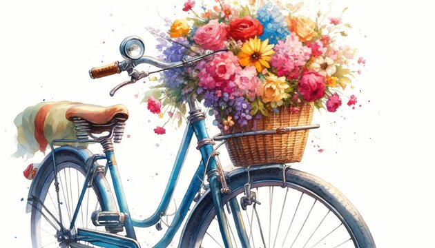 A charming watercolor illustration featuring a vintage blue bicycle with a basket overflowing with a vibrant assortment of flowers.