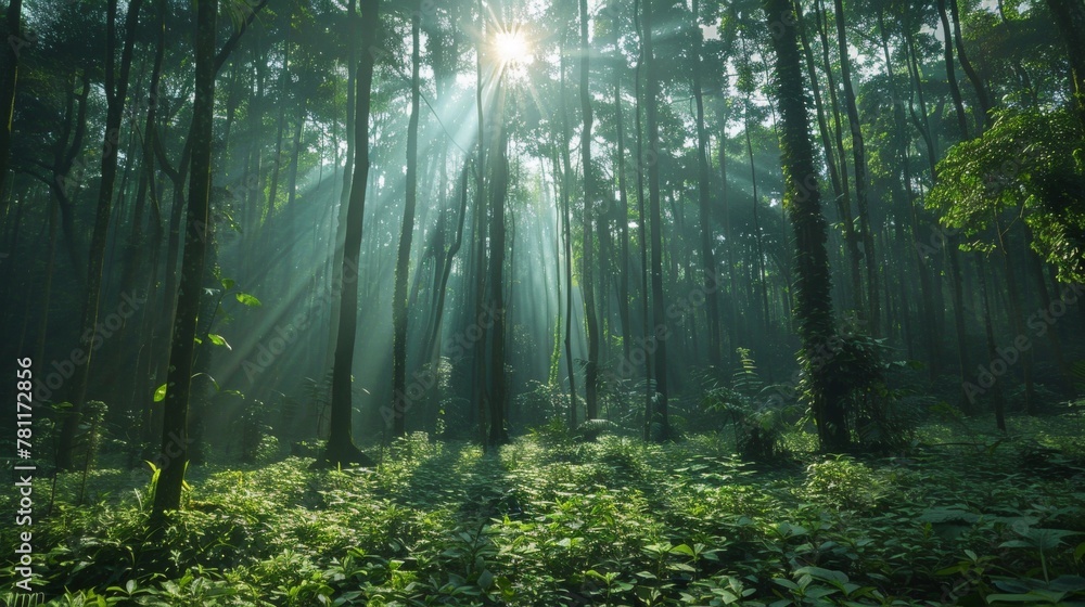 Poster sun rays filtering through the tall trees in a misty forest at dawn.