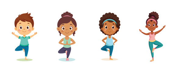 Children practicing yoga poses, vector cartoon illustration.