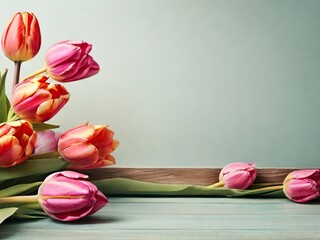 Bouquet of tulips on a blue wooden background with copy space - 781173226