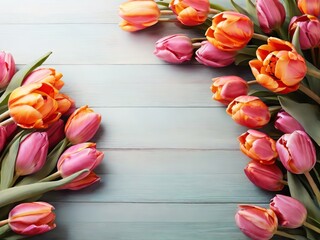 Beautiful tulips on wooden background, top view. Space for text - 781173288