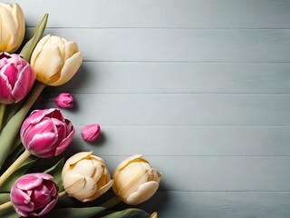 Beautiful tulips on wooden background, top view. Space for text - 781173293