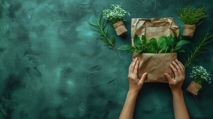a woman holding up a paper bag with herbs and leaves on it - obrazy, fototapety, plakaty