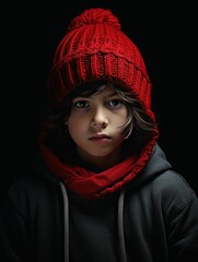 a little boy with a red beanie and scarf wearing a jacket