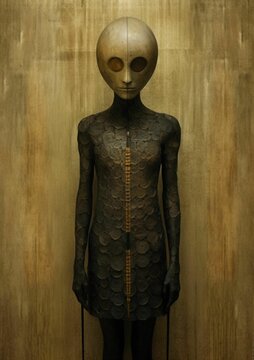 a creepy alien is posed in a room with a large golden wall