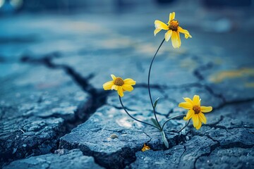 yellow flowers growing through a cracked area - Powered by Adobe