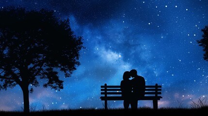 AI generated illustration of a couple sitting on a bench under a starry sky