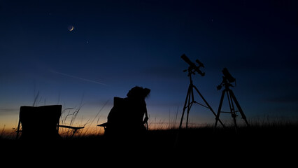 Amateur astronomer looking at the evening skies, observing planets, stars, Moon and other celestial objects with a telescope.