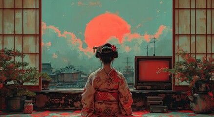 Classical Japanese Illustration of a geisha watching in window