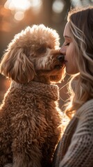 Close-up of a woman giving a gentle kiss to her poodle in golden sunlight.