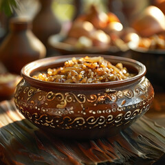 Authentic Mujadara in Handcrafted Clay Bowl: Rich Spices, Caramelized Onions. Ai generated