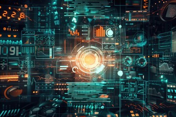 Detailed financial dashboard displaying dynamic stock market data and analytics with glowing graphical interfaces and global statistics.