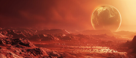 red planet landscape with large planets on heat orange sky, meteors and mountains. Nature on another planet with a huge planet on the horizon