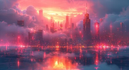 Cyberpunk City Skyline with pink and purple night vibe background