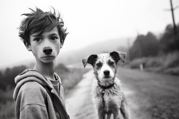 AI generated illustration of a young boy standing beside a dog, both facing away from the camera - obrazy, fototapety, plakaty