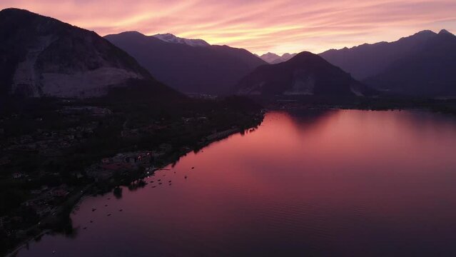 Aerial view of Como lake at sunset in Lombardy, Italy