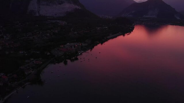 Aerial view of Como lake at sunset in Lombardy, Italy