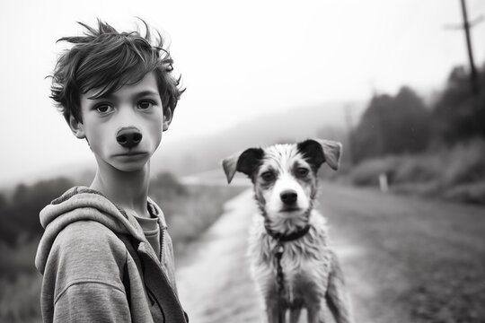 AI generated illustration of a young boy standing beside a dog, both facing away from the camera