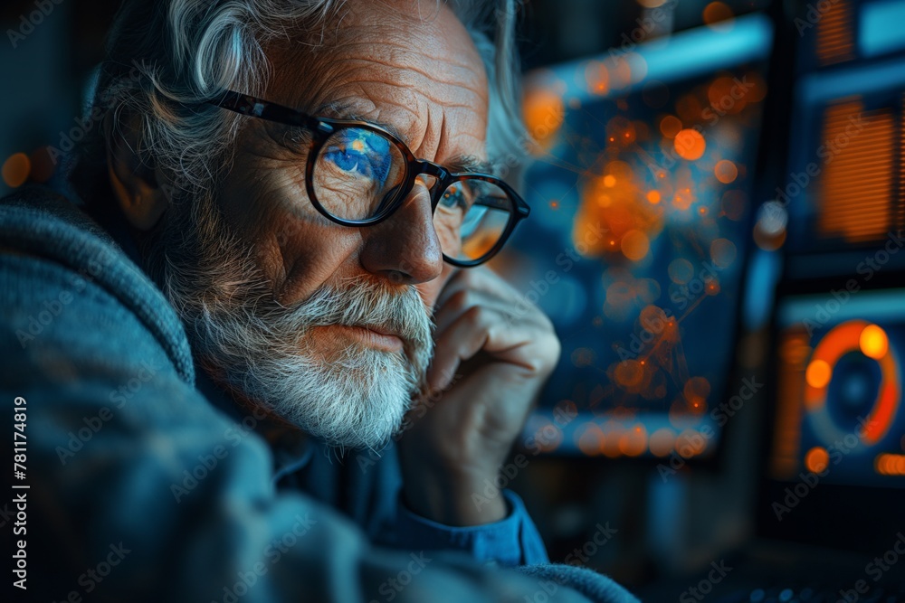 Wall mural a man with glasses looking into a computer screen in front of him
