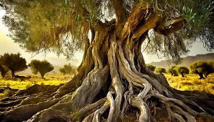 isolated old olive tree trunk roots and branches
