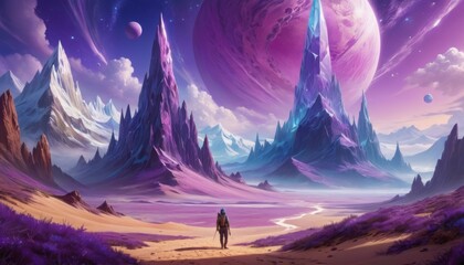 A lone explorer surveys the surreal landscape of an alien planet, with towering crystal formations and a striking purple sky, a snapshot of otherworldly beauty and isolation. AI Generation - obrazy, fototapety, plakaty