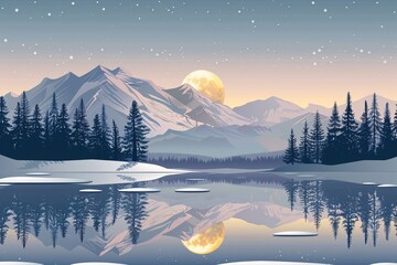 a mountain lake with trees and a moon
