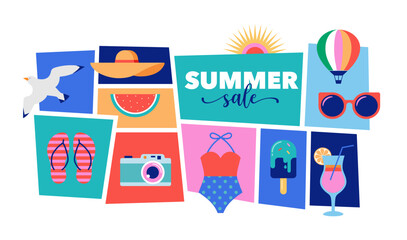 Colorful Geometric Summer and Travel Background, poster, banner. Summer time fun concept design promotion design and illustration