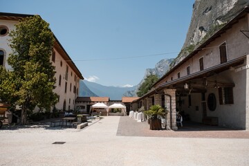 Scenic view of old buildings decorated for a wedding ceremony on a sunny day