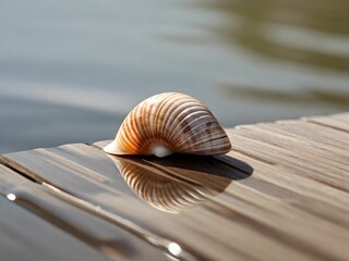 An AI illustration of a shell sits on a dock near a lake and looks at the water