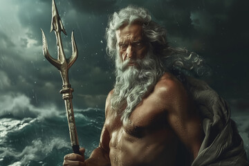 A man with a long white beard of Poseidon, the Greek god of the sea, holds a trident spear held high - obrazy, fototapety, plakaty