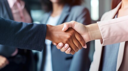 AI-generated illustration of two businesswomen shaking hands in a professional and friendly manner - obrazy, fototapety, plakaty