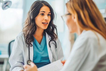 Doctor talking to patient for life insurance or healthcare services or medical data. Medicine, nurse helping or mature woman learning info on pamphlet in hospital for advice - Powered by Adobe