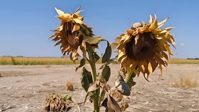 The dryness of the weather causes sunflowers to wilt during scorching heatwaves and extreme temperatures, resilience and survival in harsh conditions, depicting the arid nature of the environment	