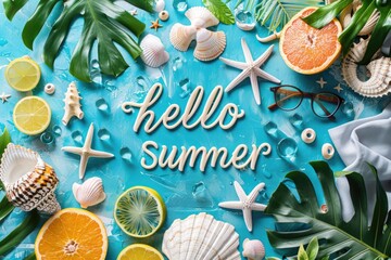 Summer Vacation Concept with "Hello Summer" Text Amidst Tropical Fruit and Beach Items