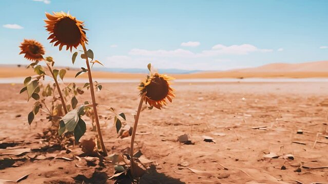 The dryness of the weather causes sunflowers to wilt during scorching heatwaves and extreme temperatures, resilience and survival in harsh conditions, depicting the arid nature of the environment	